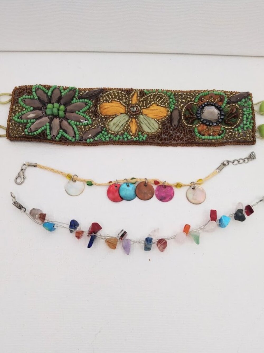 Bohemian Artisan Bracelet Beaded Design Button Closure with 2 beaded bracelets